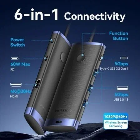Vention TPVBB Estación de acoplamiento inalámbrica 6 en 1 USB-C a HDMI, 60W PD, 4K@30Hz, 1080P inalámbrico, USB 3.0 Vention TPVBB Estación de acoplamiento inalámbrica 6 en 1 USB-C a HDMI, 60W PD, 4K@30Hz, 1080P inalámbrico, USB 3.0